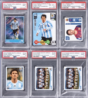 2010-2011 Lionel Messi Card Collection (6 PSA Graded Cards) - Featuring 2010 Panini World Cup Sticker (PSA MINT 9)